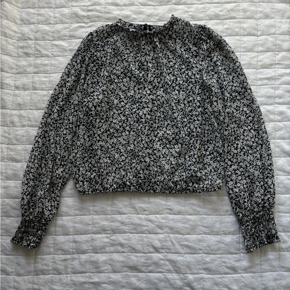 Navy/white sheer long sleeve shirt, size small